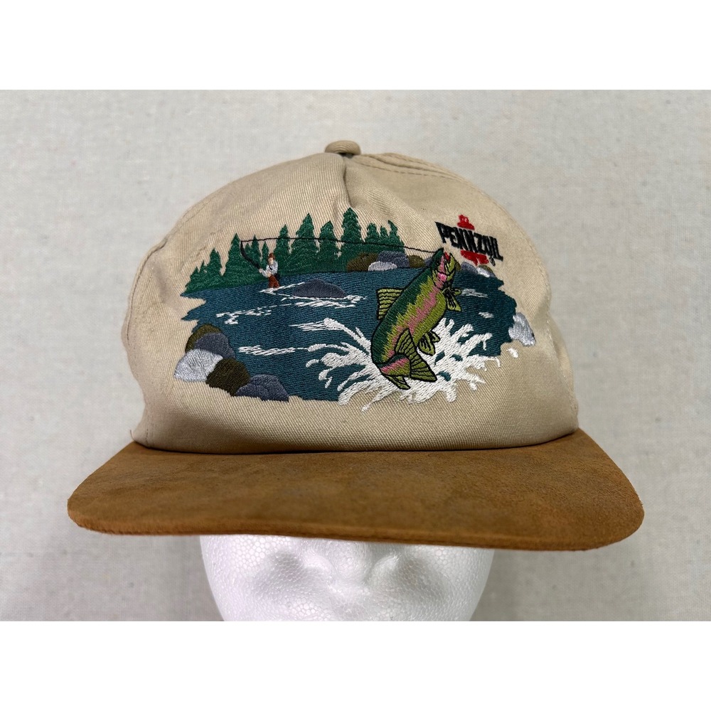Vintage Pennzoil Fishing Trout Embroidered Snapback Hat Suede Brim Cap USA MADE
